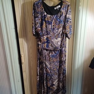 Kasper Plus Womens Belted Middi Fit & Flare Paisley Blue Tan Dress 22W. 